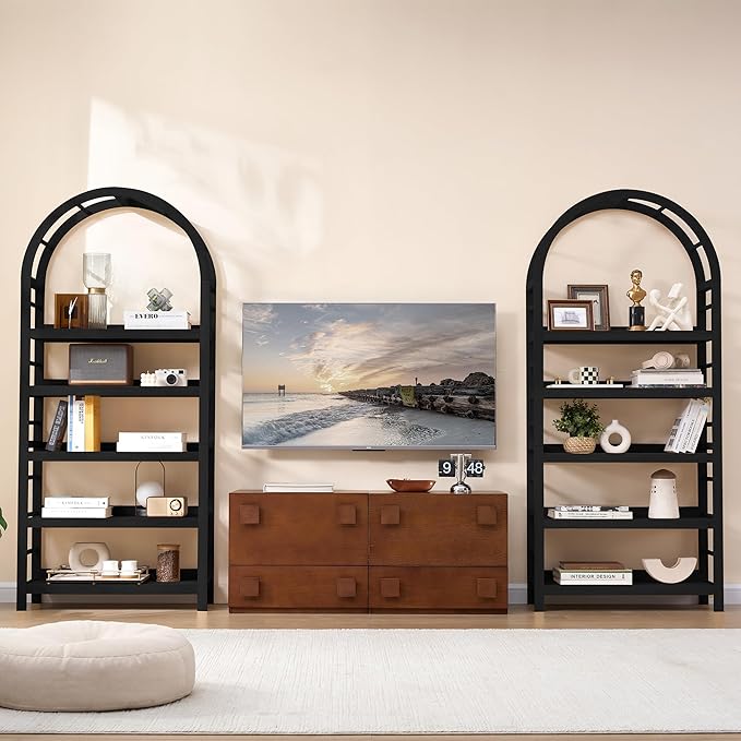 5-Tier Solid Wood Open Bookcase, Modern Arched Bookshelf, Home Office Shelf Storage Organizer, Storage Display Rack Shelf for Living Room (Black)