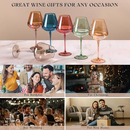 Physkoa Colored Burgendy Wine Glasses Set 6-18oz HandBlown Colorful Wine Glass With Long Stem,Multi Color Mothers Day Wine Glasses Gift for Women Mom