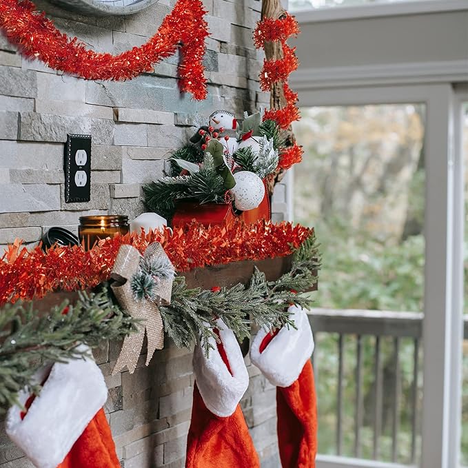 CANREVEL 4 Pieces 26.2 Ft Christmas Garland Metallic Shiny Twist Tinsel Garland Hanging Decorations for Christmas Tree, Mantle, Stairs Railing Decorations - Red