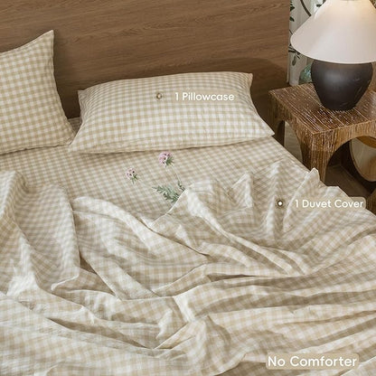 MooMee Gingham Duvet Cover Set 100% Washed Cotton Linen Like Textured Breathable Durable Soft Comfy Modern Checkered Design (Almond Milk Grey Gingham, Twin 68"x90")