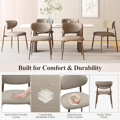 Dining Chairs Set of 6, Upholstered Dining Room Chairs with Metal Legs and Anti Slip Pads, Curved Back Wood Kitchen Chair for Home and Restaurant Use, Camel