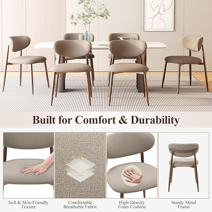 Dining Chairs Set of 2, Upholstered Dining Room Chairs with Metal Legs and Anti Slip Pads, Curved Back Wood Kitchen Chair for Home and Restaurant Use, Camel