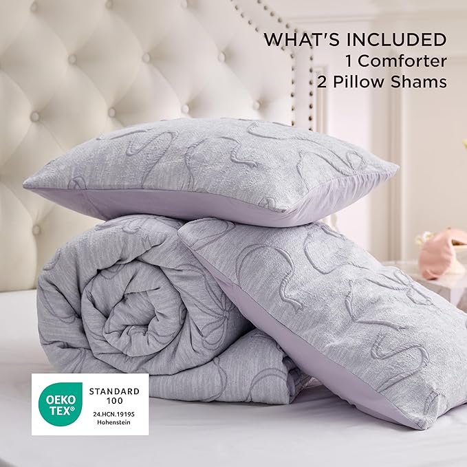 Bedsure Full Size Comforter Set, Light Purple Boho Tufted Bed Set, 3D Puffy Jacquard Bedding Full Size, 3 Pieces, 1 Farmhouse Shabby Chic Embroidery Comforter with Bow Pattern & 2 Pillow Cases