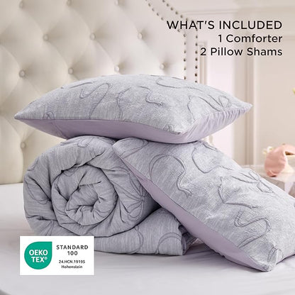 Bedsure Queen Size Comforter Set, Light Purple Boho Tufted Bed Set, 3D Puffy Jacquard Bedding Queen Size, 3 Pieces, 1 Farmhouse Shabby Chic Embroidery Comforter with Bow Pattern & 2 Pillow Cases