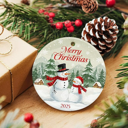 ZAGKOO Snowman Christmas Ornament 2025 - Merry Christmas Dated 2025 Ornaments for Tree, Beautiful Snowman Gifts for Family, Friends, Coworkers - Ceramic Hanging Ornament for Holiday Decoration