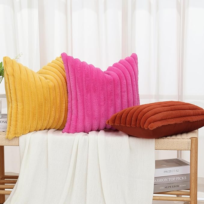 decorUhome Faux Fur Throw Pillow Covers 12x20 Set of 2, Decorative Soft Plush Striped Lumbar Neutral Euro Pillow Covers with Velvet Back for Bed, Living Room Home Decor, Hot Pink
