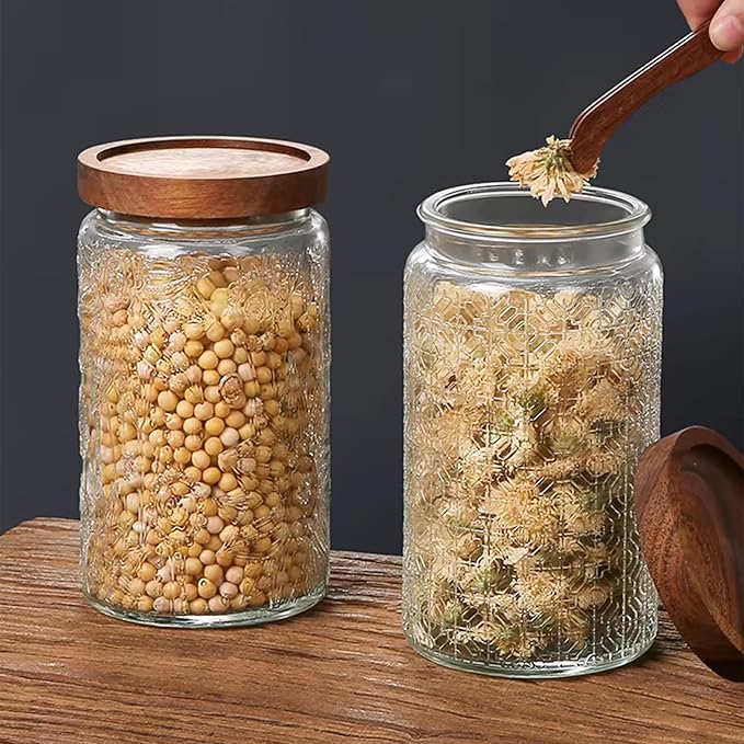 Vintage Glass Jars with Wooden Lids, 34 oz Airtight Glass Food Storage Containers Sets for the Kitchen, Sugar Candy Coffee Cookie Tea Spice Pasta