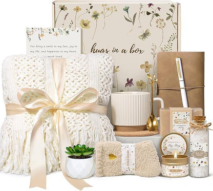 Birthday Gifts for Women, Get Well Soon Self Care Package Box, Sending Hug Baskets Thinking of You Inspirational Gift for New Mom Best Friend Birthday (Ivory)