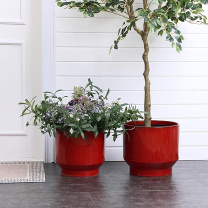 LuxenHome 11" Dia Ceramic Planters, Large Outdoor Indoor Plant Pots with Drainage Holes and Rubber Plug, Modern Red Glazed Round Flower Pot Planters for Home Garden Patio or Office