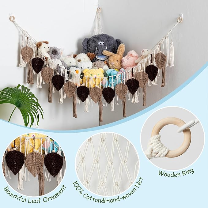 Pretty Jolly Stuffed Animal Storage with Hand Woven Leaf Tassels Hammock Corner Hanging Net Boho Macrame Plush Storage for Kid Room Nursery Decor Wall Display for Girls Gift(Brown)