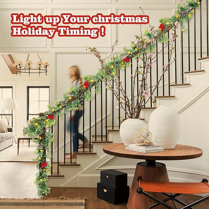6 FT Artificial Christmas Garland, Faux Cypress Leaf Evergreen Garland with 20 LED Lights, Red Berries and Pinecones, Green-Yellow Leaves, Timer, Perfect for Indoor Outdoor Window Mantel