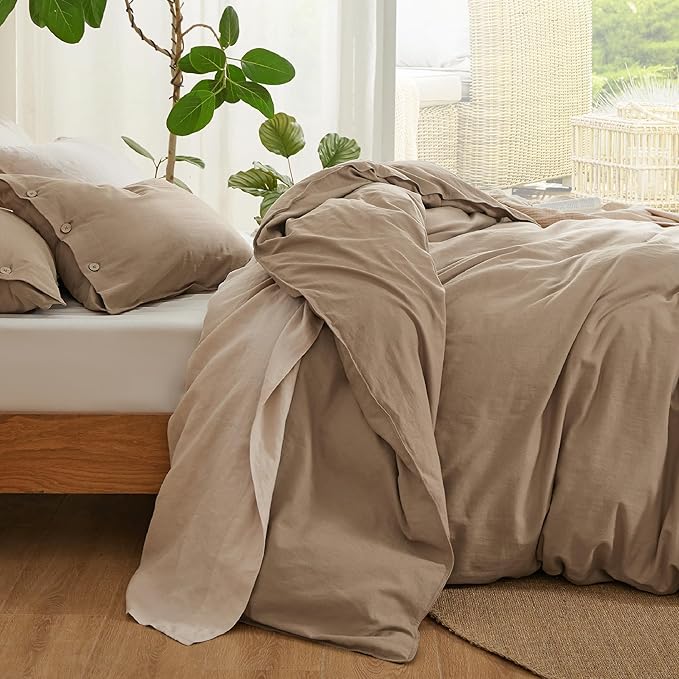 Bedsure Linen Duvet Cover Queen - Linen Cotton Blend Bedding Set, Soft & Cozy, 3 Pieces, 1 Duvet Cover 90x90 Inches and 2 Pillowcases, Brown Color Cooling Bedding, Comforter Sold Separately