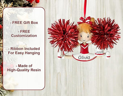 Personalized Cheerleader Christmas Ornament 2025 | Cheer Girl Dancer Cheerleading with Red Pompom Ornament for Christmas Tree | Pom Pom Dance Gift