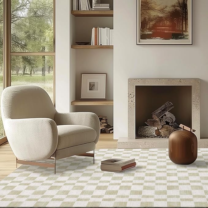 EVERGRACE Checkered Plaid Area Rug 5x7, Soft Faux Wool Rugs Washable Anti Slip Rugs Large Rug Carpet for Entryway Bedroom Living Room Hallway Kitchen Dining Room and Laundry Room, Beige