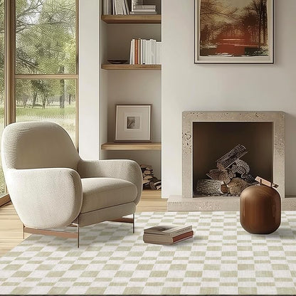 EVERGRACE Checkered Plaid Area Rug 5x7, Soft Faux Wool Rugs Washable Anti Slip Rugs Large Rug Carpet for Entryway Bedroom Living Room Hallway Kitchen Dining Room and Laundry Room, Beige