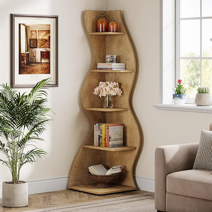 Tribesigns Wavy Corner Shelf, Modern 5-Tier Bookshelf Bookcase with Curvy Shape, Unique Plant Stand Display Rack for Living Room Small Space (Light Brown)