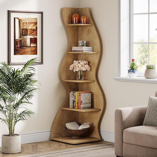Tribesigns Wavy Corner Shelf, Modern 5-Tier Bookshelf Bookcase with Curvy Shape, Unique Plant Stand Display Rack for Living Room Small Space (Light Brown)