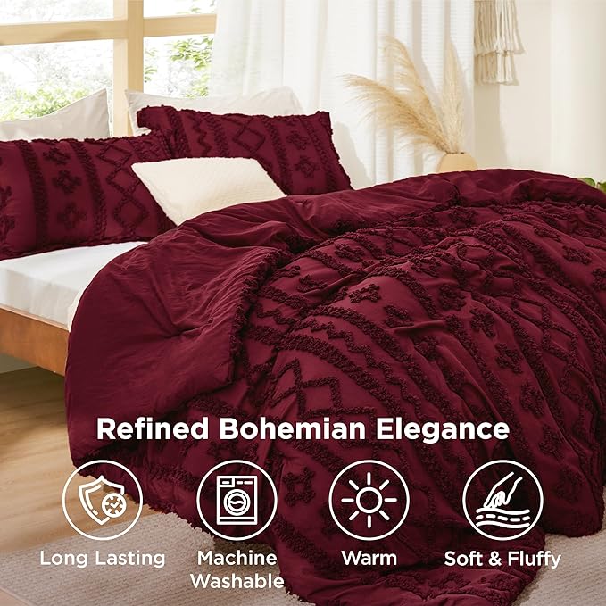Bedsure Tufted Boho Comforter Set Queen Size - Dark Red Boho Bed Set, GentleSoft™ 3 Pieces Farmhouse Shabby Chic Embroidery Bedding, Gifts for Woman, Soft Jacquard Queen Comforter for All Seasons