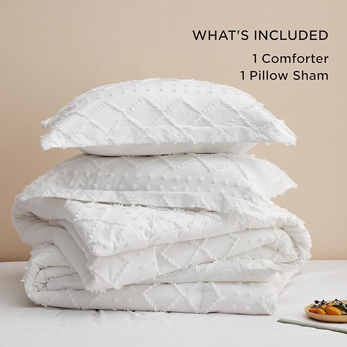 Bedsure Twin XL Comforter Set - White Comforter, Boho Tufted Shabby Chic Bedding for Kids, 2 Pieces Vintage Farmhouse Bed Set for All Seasons, Fluffy Soft Bedding with 1 Pillow Sham