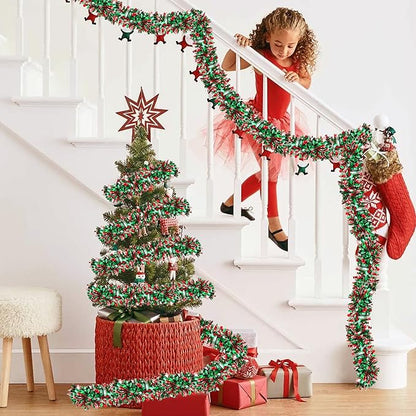 50 Feet Red Green Silver Christmas Tinsel Garland - Metallic Twist Shiny for Tree Decorations, Xmas Hanging Decor for Home Mantle Indoor Outdoor Holiday Party