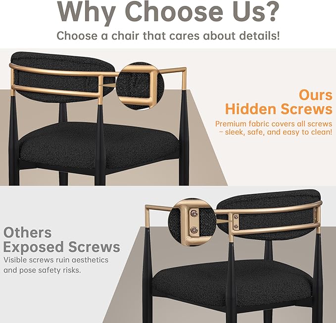 Morden Fort Black Upholstered Dining Chairs Set of 4, Modern Boucle Dining Chairs with Gold Arms and Metal Legs for Kitchen, Living Room, Reception and Restaurant