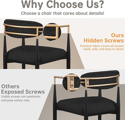 Morden Fort Black Upholstered Dining Chairs Set of 4, Modern Boucle Dining Chairs with Gold Arms and Metal Legs for Kitchen, Living Room, Reception and Restaurant