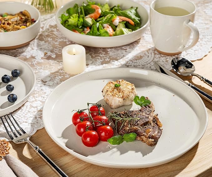 AmorArc 16 Pieces Ceramic Dinnerware Sets for 4, Handpainted Plates and Bowls Set with Rustic Terracotta Underside, Scratch Resistant Stoneware Dishes Set, Dishwasher & Microwave Safe, Light Beige