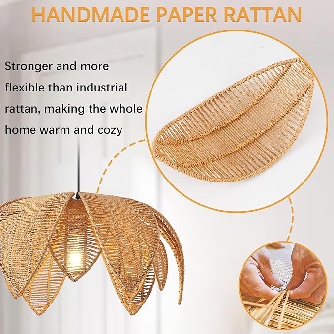Hand Woven Rattan Chandelier, Boho Pendant Light 19.68 inches Wicker Light Fixture Suitable for Dining Room, Kitchen, Living Room, Farmhouse,E26 Lamp Base