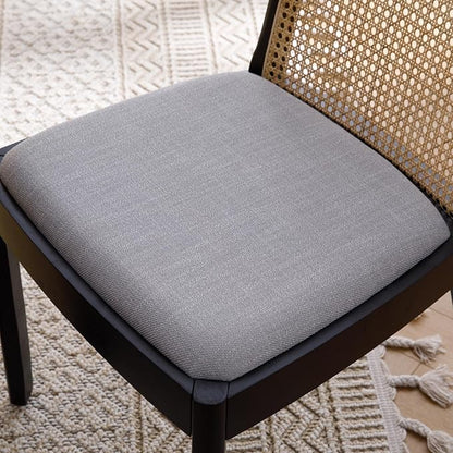 Mid Century Dining Chairs Set of 2, Rattan Side Chairs Linen Fabric Kitchen Chair with Solid Wooden Legs for Living Room Dining Room, Grey