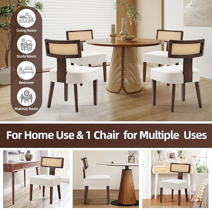 Upholstered Rattan Dining Chairs Set of 4, Mid-Century Modern Fabric Dining Room Chair with Brown Hardwood Frame, Curved Backrest Kitchen Chairs for Living Room (Cream)