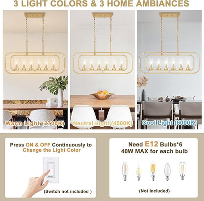 Dining Room Light Fixture, 36" Gold Island Lights for Kitchen Modern Linear Chandelier 6 Lights Farmhouse Chandelier Large Pendant Light, Industrial Chandeliers for Dining Room, Clear Glass