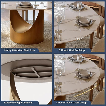 POVISON Round Dining Table for 4-6, 51" Glossy White Sintered Stone Top with Bronze Carbon Steel Pedestal