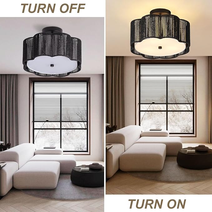 Rattan Ceiling Light Fixtures Flush Mount,3-Light Boho Light Fixtures Ceiling Mount for Bedroom,Close to Ceiling Light Modern Rattan Chandelier Lighting for Hallway Kitchen Dining Room(Black)