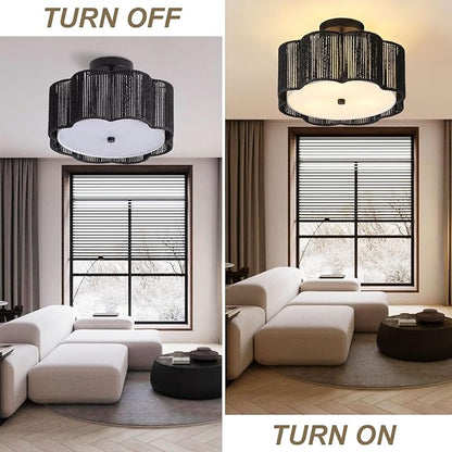Rattan Ceiling Light Fixtures Flush Mount,3-Light Boho Light Fixtures Ceiling Mount for Bedroom,Close to Ceiling Light Modern Rattan Chandelier Lighting for Hallway Kitchen Dining Room(Black)