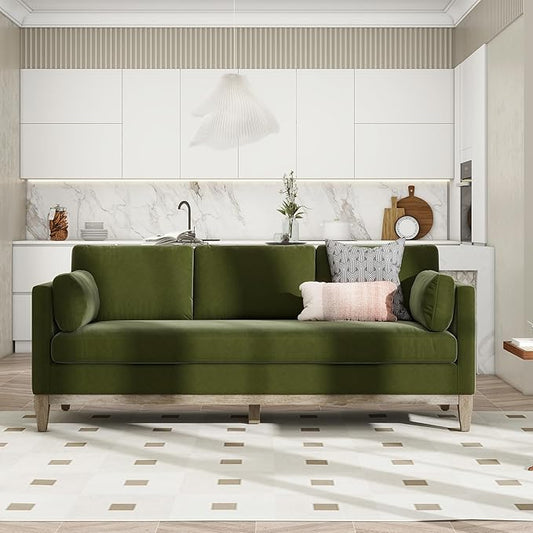 Jennifer Taylor Home Alana Lawson Recessed Arm Sofa Metal Casters, Olive Green Performance Velvet