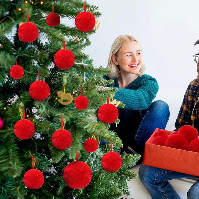 24 Pcs Red Furry Christmas Ball Ornaments for Tree 2.36/3.15/3.94 Inches Pom Pom Ball Christmas Hanging Decoration for Party Supplies Fireplace Mantel Wall Decor