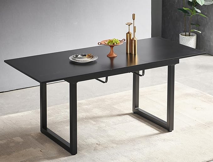 55''- 71'' Extendable Dining Room Table, Expandable Dining Table with Metal Leg, Modern Mid Century Large Table, for 2-6 Person, Black