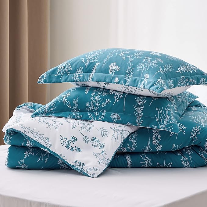 Bedsure Twin/Twin XL Comforter Set - Teal Blue Comforter, Cute Floral Bedding Comforter Sets, Gifts for Woman, 2 Pieces, 1 Soft Reversible Botanical Flowers Comforter and 1 Pillow Sham