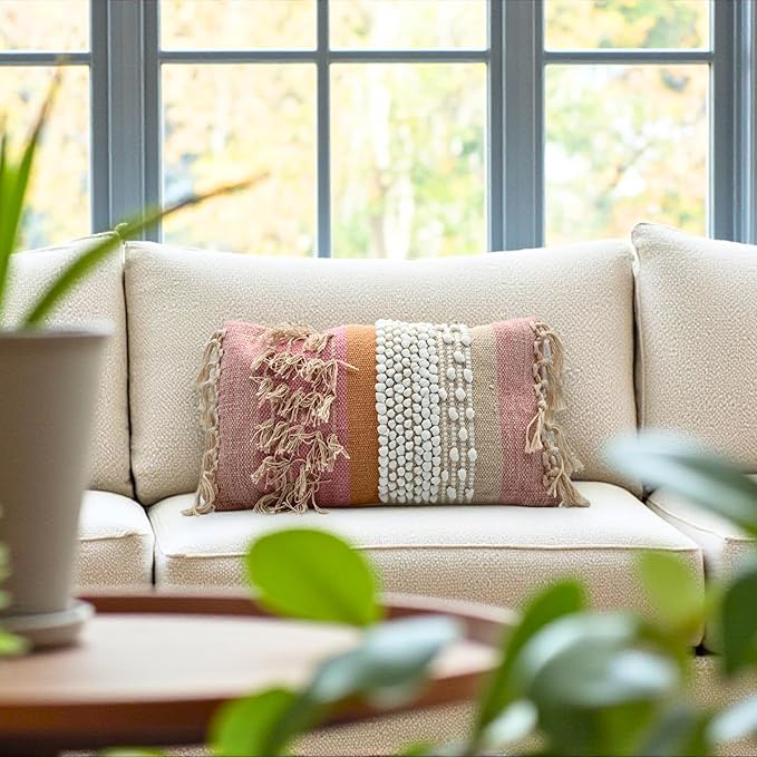 Decorative Boho-Chic Lumbar Pillow Cover 12x20 Handwoven Tufted Fringed Cotton Pink Cream Beige Neutral Farmhouse Bohemian Scandinavian Trendy USA Design