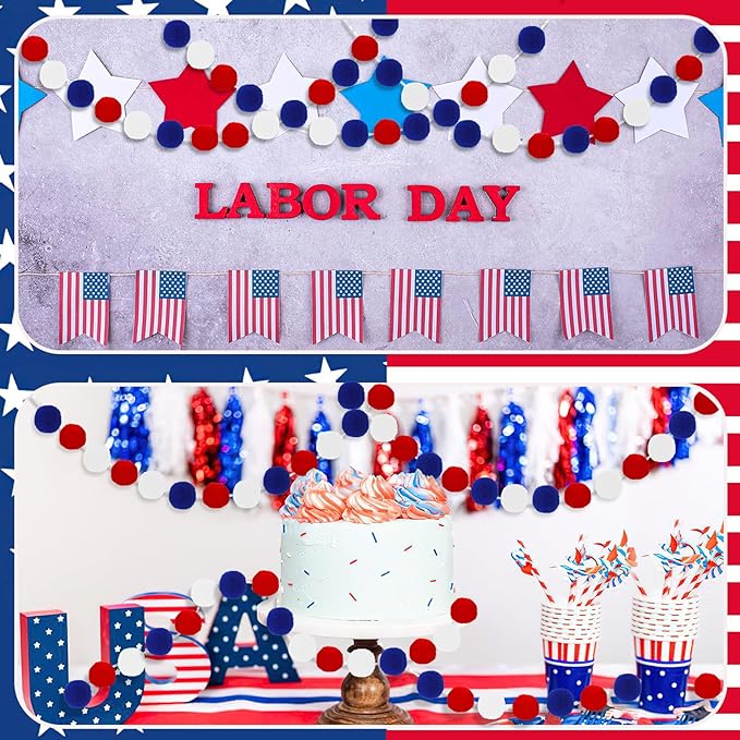 MARFOREVER 4 Pack 26.3 Feet 4th of July Pom Pom Garland Decorations, Red White Blue 30 Balls Independence Day Felt Ball Garland Patriotic Hanging Supplies for Memorial Day Labor Day Party Home Decor