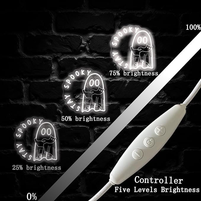 Ghost holding a cat Stay Spooky Neon Sign, Funny Halloween Party Wall Decor, Spooky Season Room Sign for Boo Wall Decor Neon Light for Bar Man Cave Home Yard Decoration Funny Spooky Vibes-White