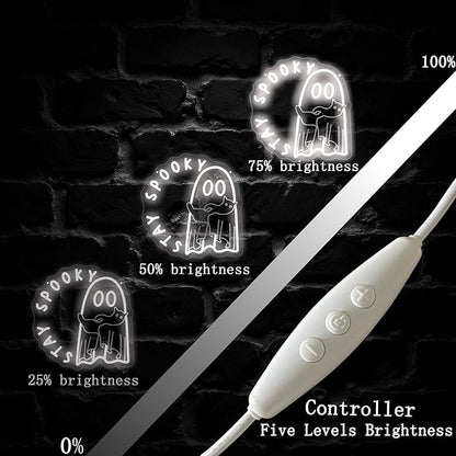 Ghost holding a cat Stay Spooky Neon Sign, Funny Halloween Party Wall Decor, Spooky Season Room Sign for Boo Wall Decor Neon Light for Bar Man Cave Home Yard Decoration Funny Spooky Vibes-White