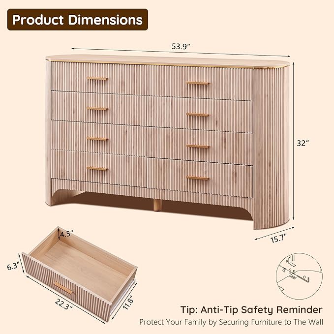 Fluted 8 Drawer Dresser for Bedroom with Curved Profile Design,53.9" W Wide Chest of Drawers with Reeded Front Panels,Wide Storage Cabinet with Smooth-Glide Drawers for Living Room,Light Oak