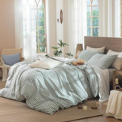 MooMee Gingham Duvet Cover Set 100% Washed Cotton Linen Like Textured Breathable Durable Soft Comfy Modern Checkered Design (Sage Green Gingham, King 104"x90")