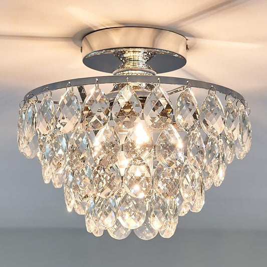 YYJLX Modern E26 Small Crystal Chandelier Semi Flush Mount Ceiling Light Fixture Silver Ceiling Lamp for Hallway Bedroom Bathroom Closet Bedroom Foyer （Chrome）