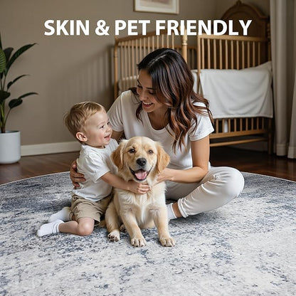 Round Rug 5ft Circle Rug Washable: Carpet Small Circular Area Rug for Entryway Kitchen Bedroom Dining Room Living Room 5 Feet Abstract College Dorm Non Slip Low Pile Blue Grey