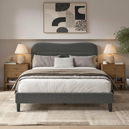 Queen Size Bed Frame with Headboard, upholstered Bed Frame Queen Size, Teddy Soft Boucle Fabric, Soft Cloud Marshmallow Shape Upholstered Headboard, No Box Spring Needed, Noise Free (Grey)