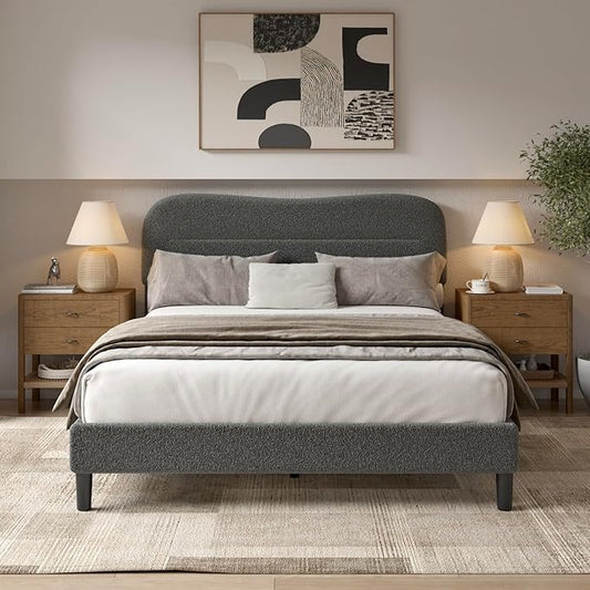 Queen Size Bed Frame with Headboard, upholstered Bed Frame Queen Size, Teddy Soft Boucle Fabric, Soft Cloud Marshmallow Shape Upholstered Headboard, No Box Spring Needed, Noise Free (Grey)