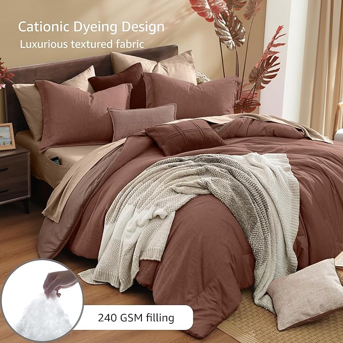 Monbix California King Comforter Set - 7 Pieces Cationic Dyeing Terracotta Bed in a Bag Cal King Bed Sets with Comforter, Sheets, Pillowcases & Shams, Reversible Bedding Comforters Sets (108 * 92)