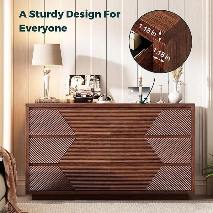 55.12" Modern Chest of Drawer, 6 Deep Drawers,Clothes Organizer,Large Storage Cabinet for Living Room, Bedroom,Dresser TV Stand, Wood Drawer Organizer for Living Room, Hallway, Walnut